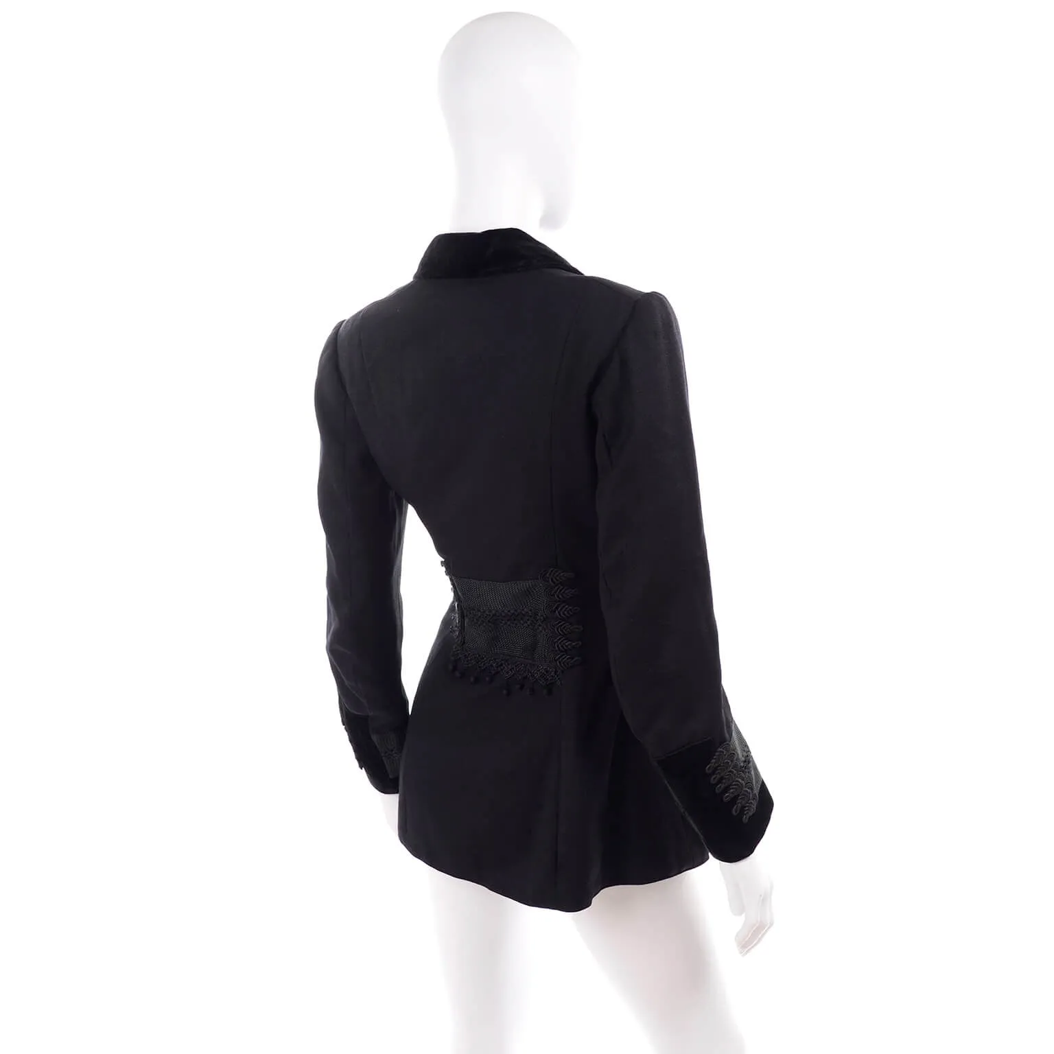 Edwardian Black Wool Jacket w/ Braid & Tassels & Velvet Trim