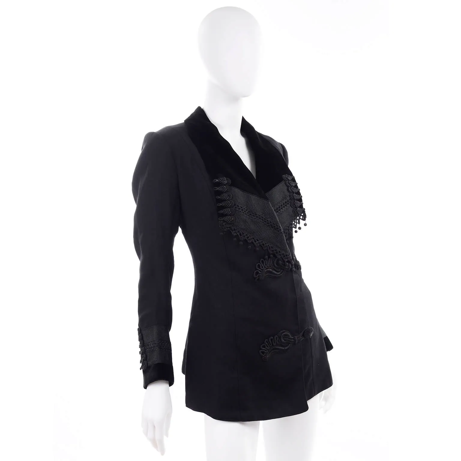 Edwardian Black Wool Jacket w/ Braid & Tassels & Velvet Trim