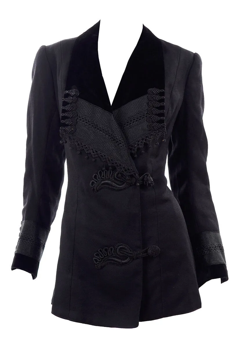 Edwardian Black Wool Jacket w/ Braid & Tassels & Velvet Trim