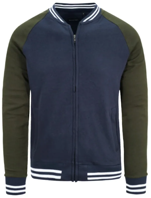 Erich Jersey Zip Through Bomber Jacket with Raglan Sleeves in Dark Navy / Khaki