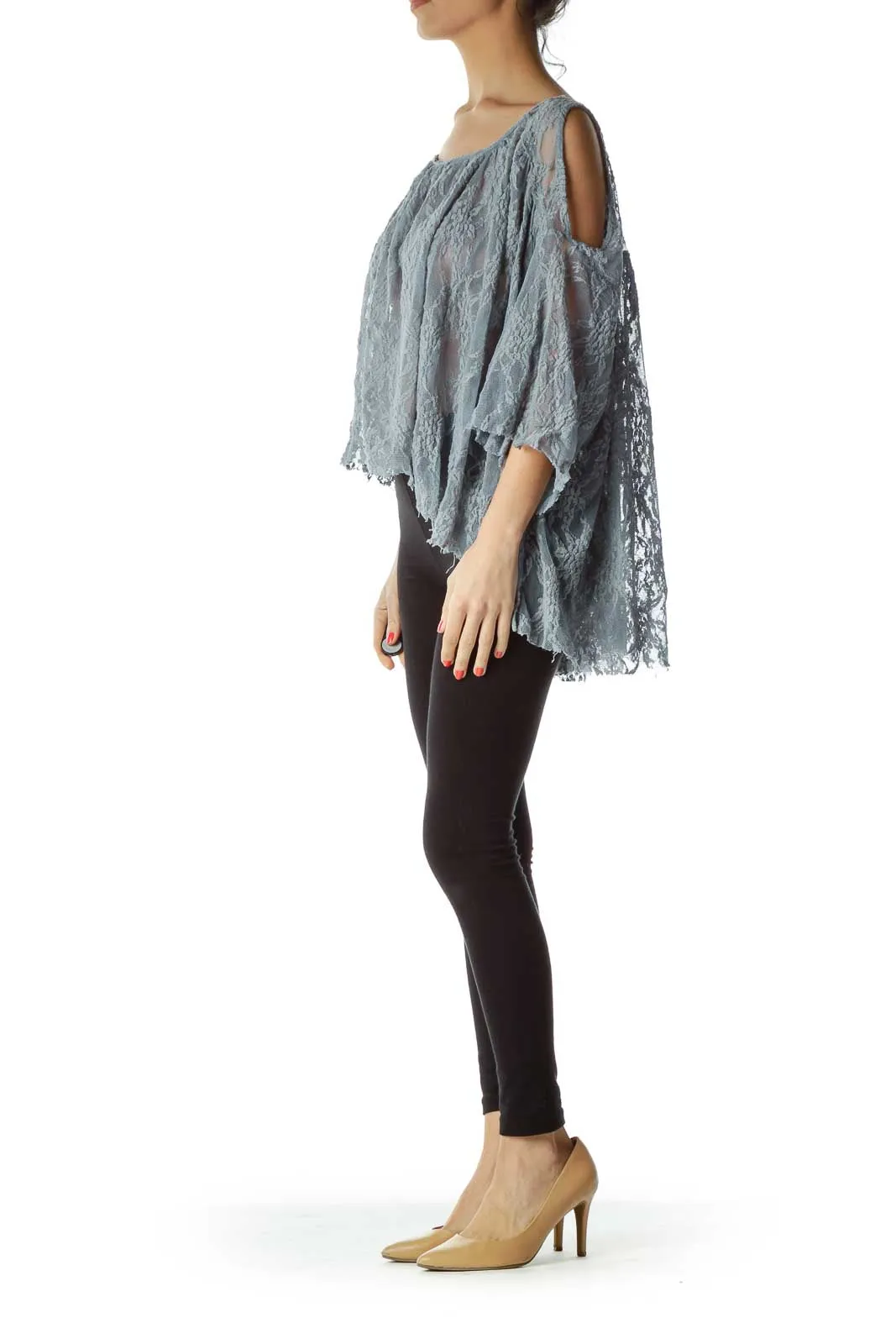 Gray Lace Sheer Poncho Top