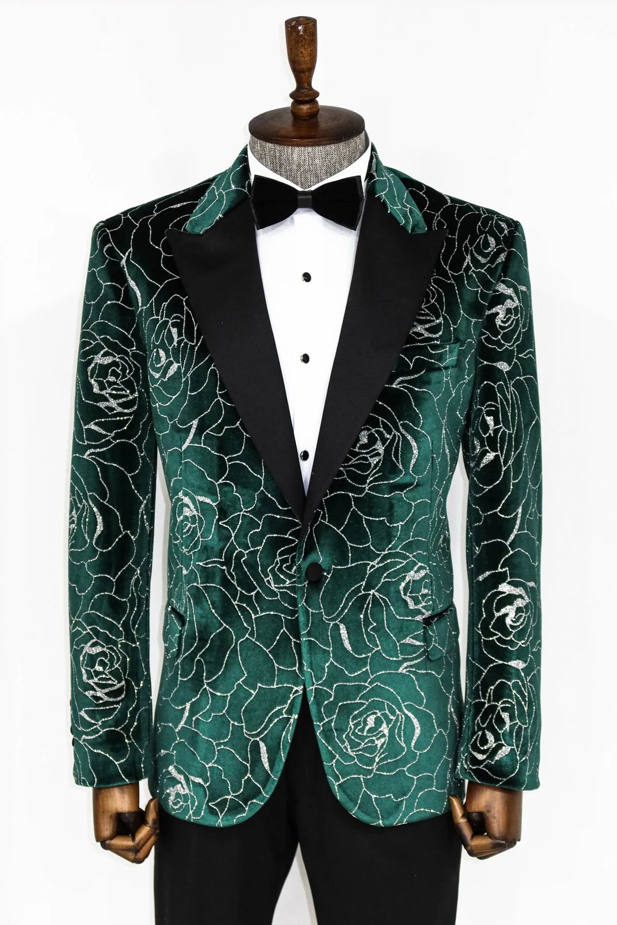 Green Velvet Silver Floral  Prom Blazer