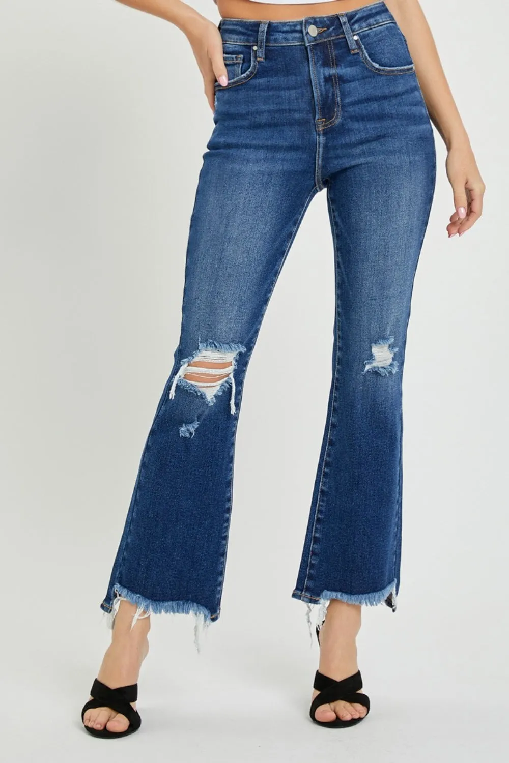 High Rise Distressed Crop Flare Jeans