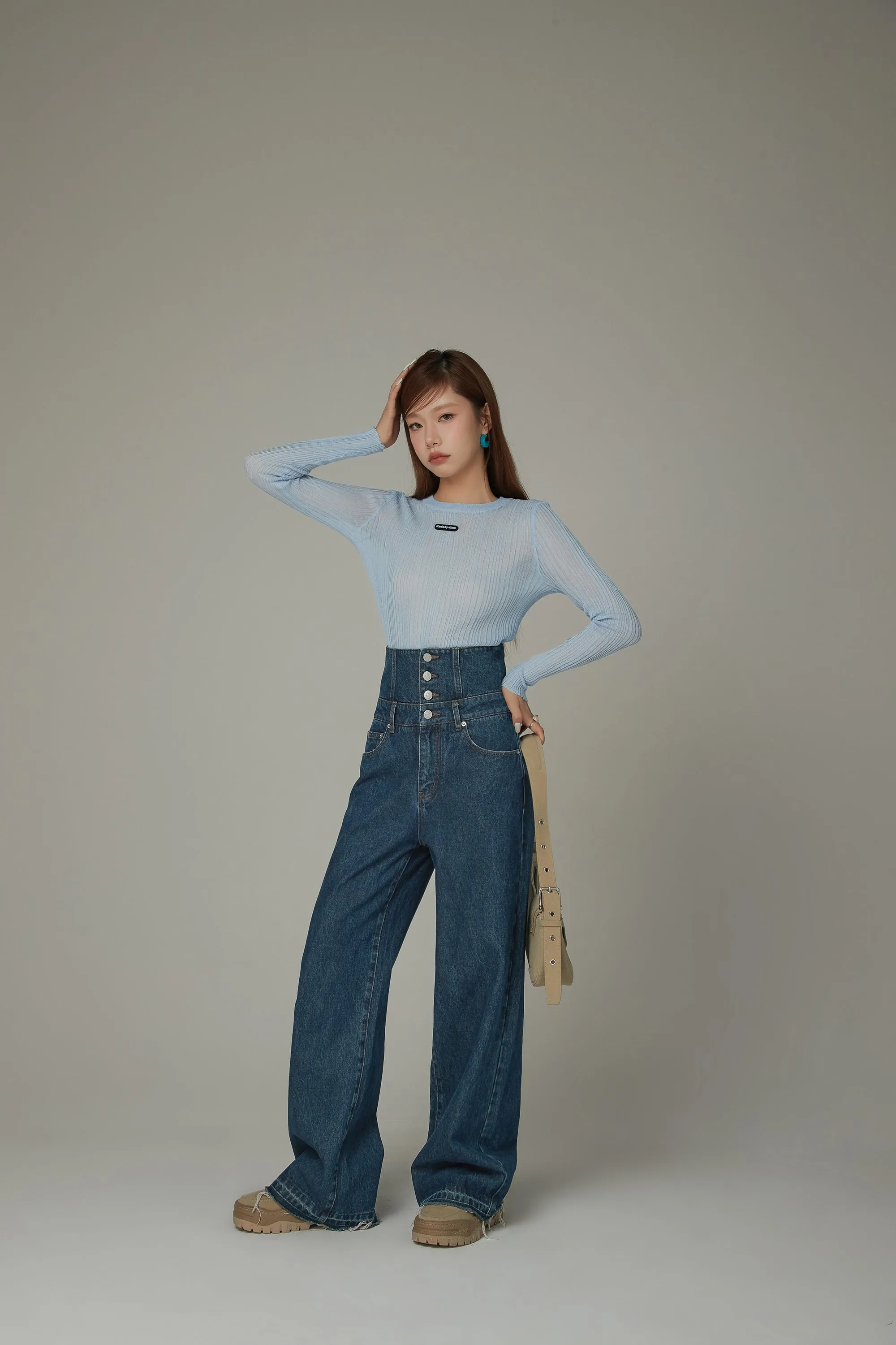 High Waisted Button Wide Denim Jeans