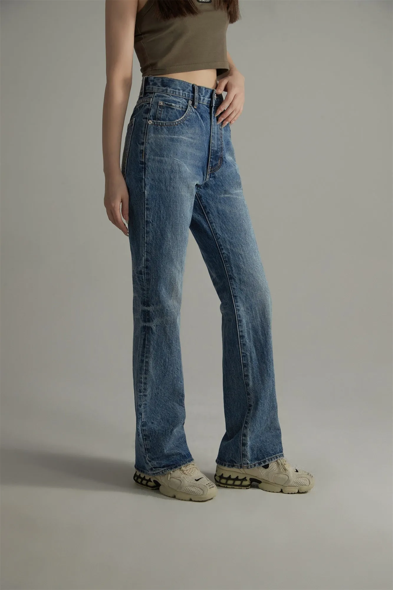 High-Waisted Washed Straight Jeans