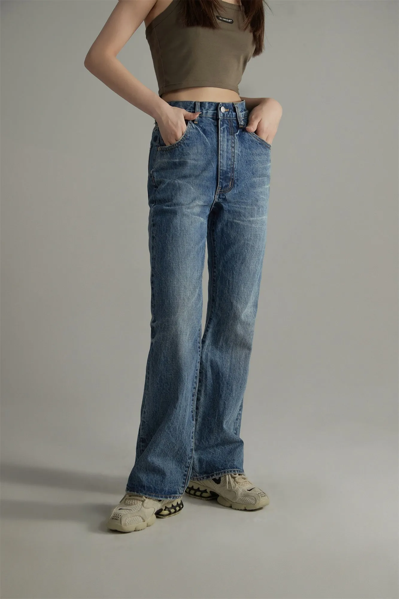 High-Waisted Washed Straight Jeans