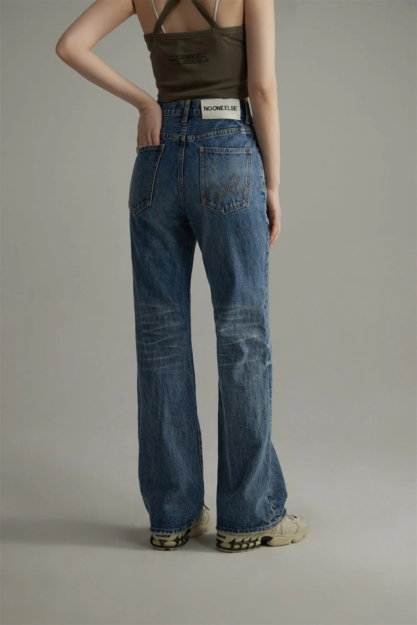 High-Waisted Washed Straight Jeans