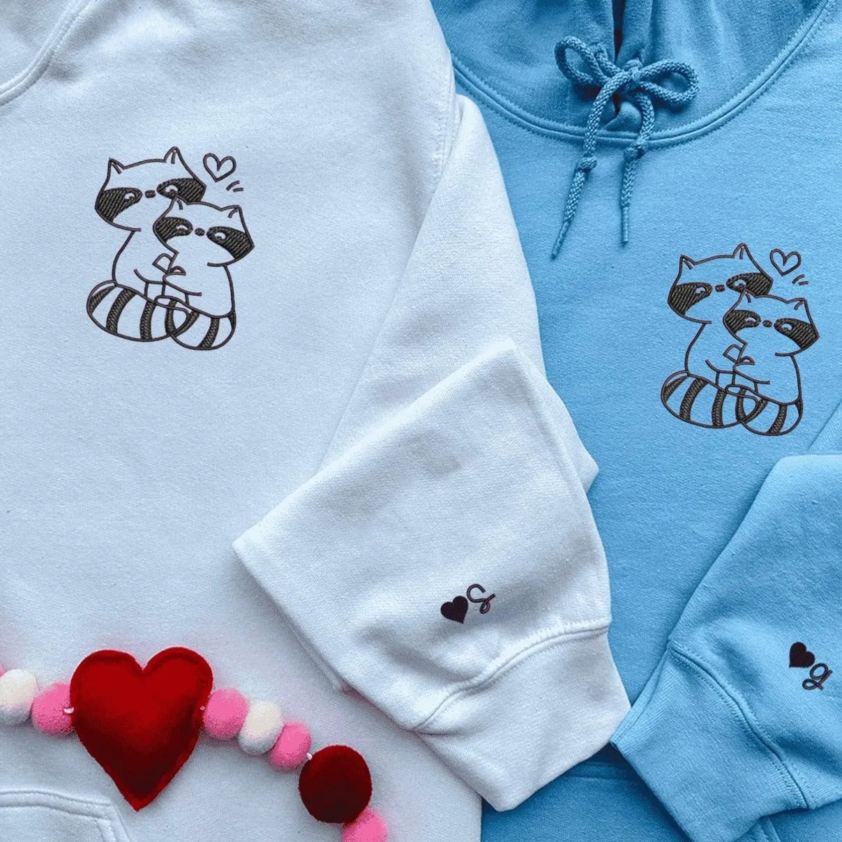 Hugging Raccoon Couple Hoodies - Custom Embroidered Matching Hoodies For Couples