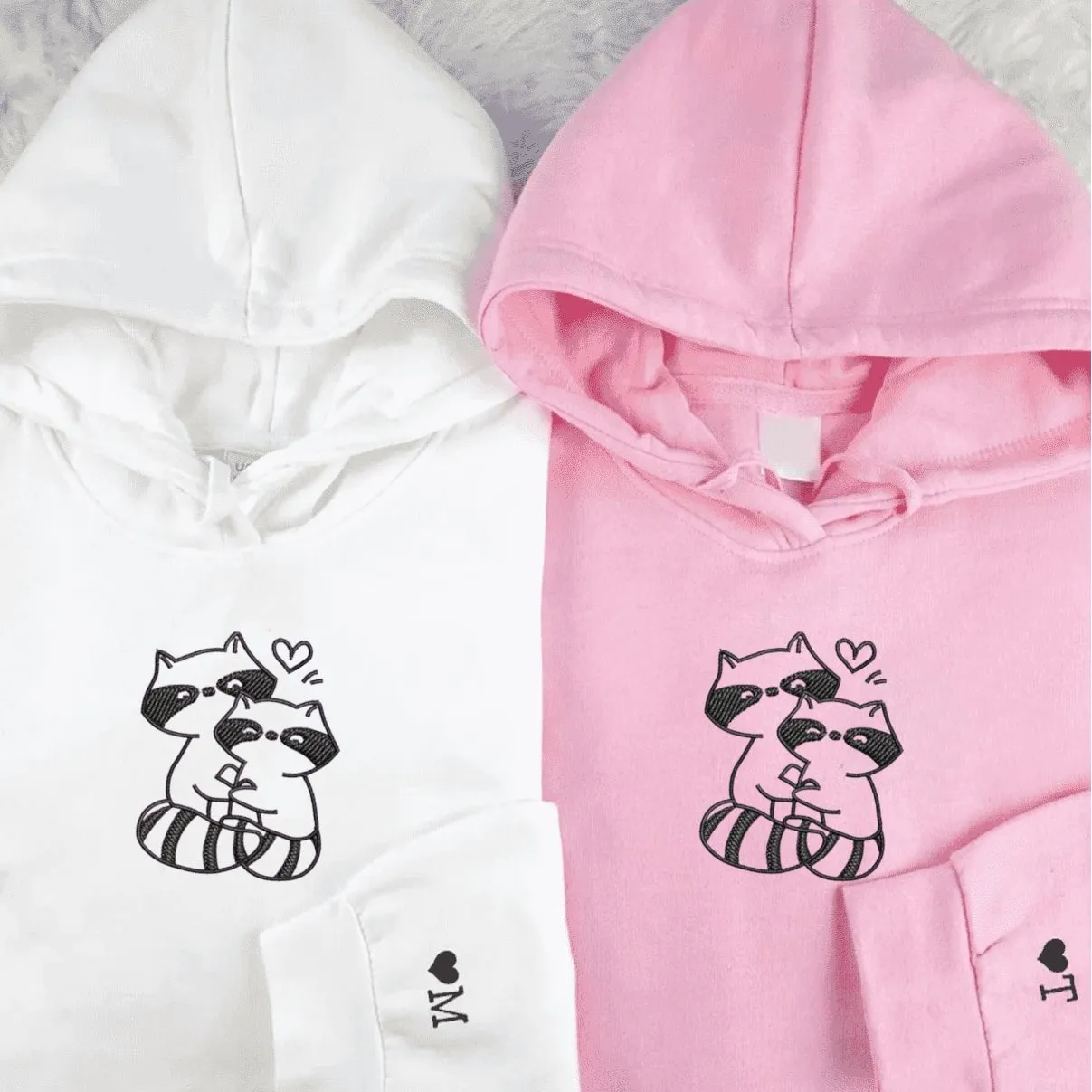 Hugging Raccoon Couple Hoodies - Custom Embroidered Matching Hoodies For Couples