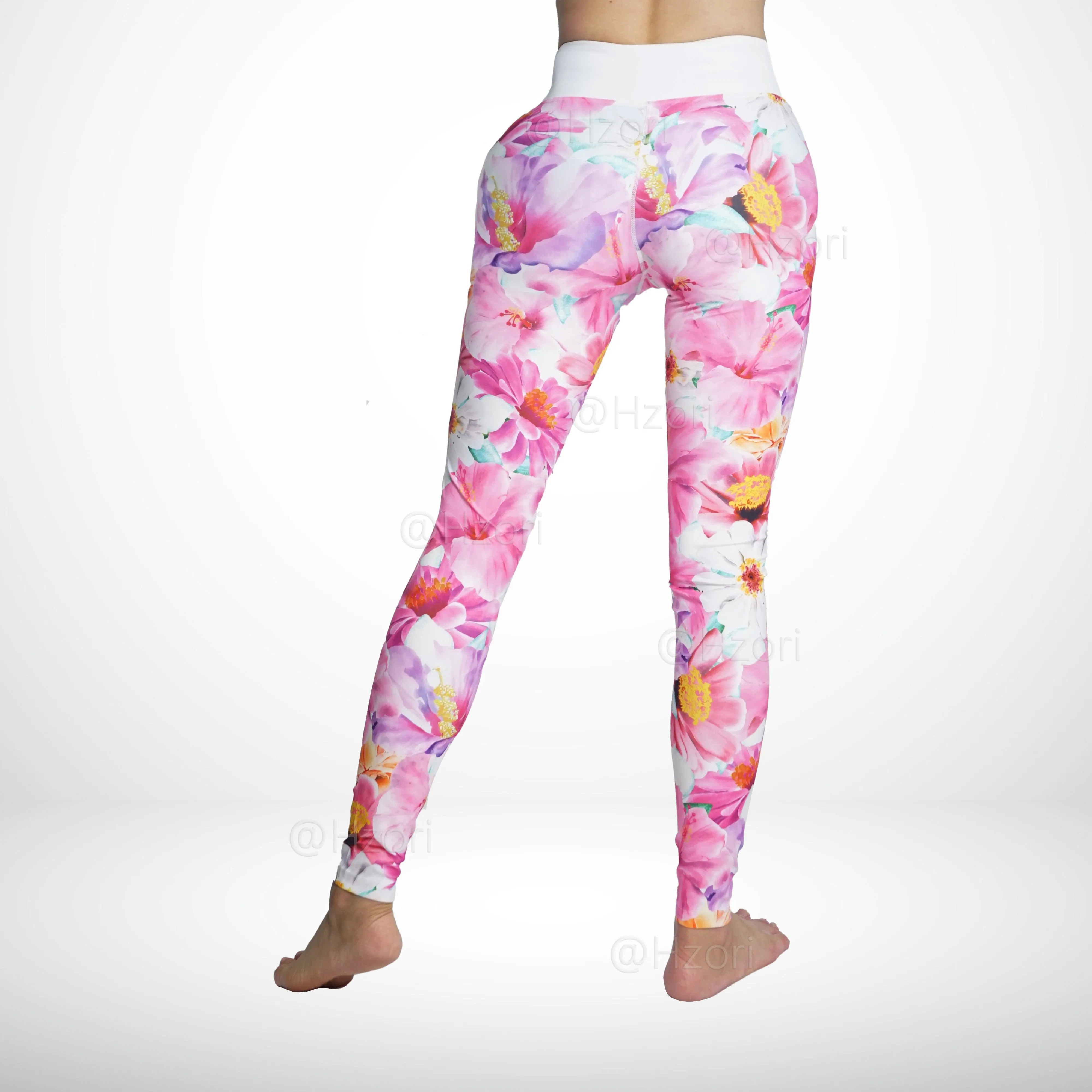 HZORI® |High Waist Printed Yoga Pants for Women, Tummy Control Running Sports Workout Yoga Leggings | Pink Flowers Element Style