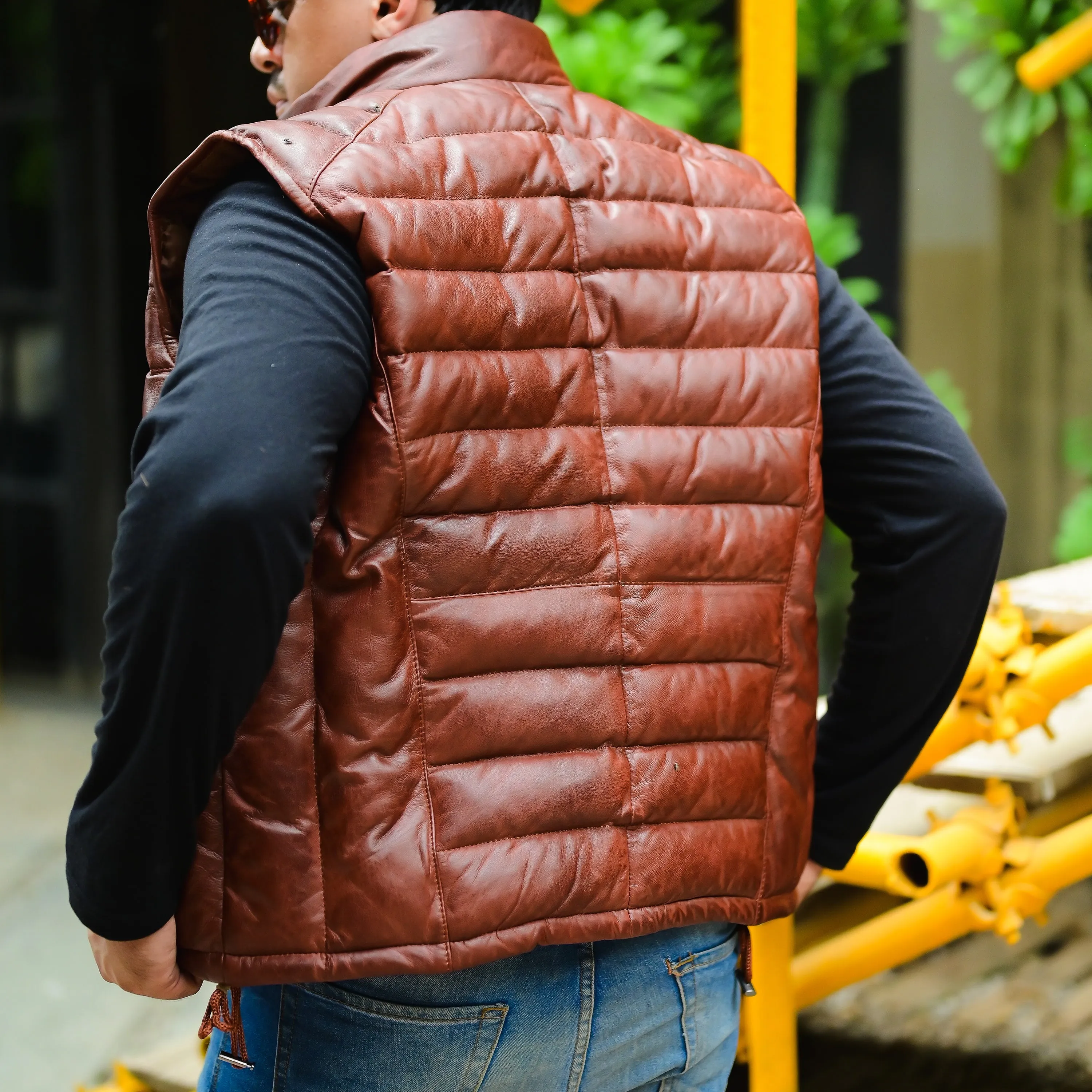 Jild Leather Puffer Vest with Removable Hood