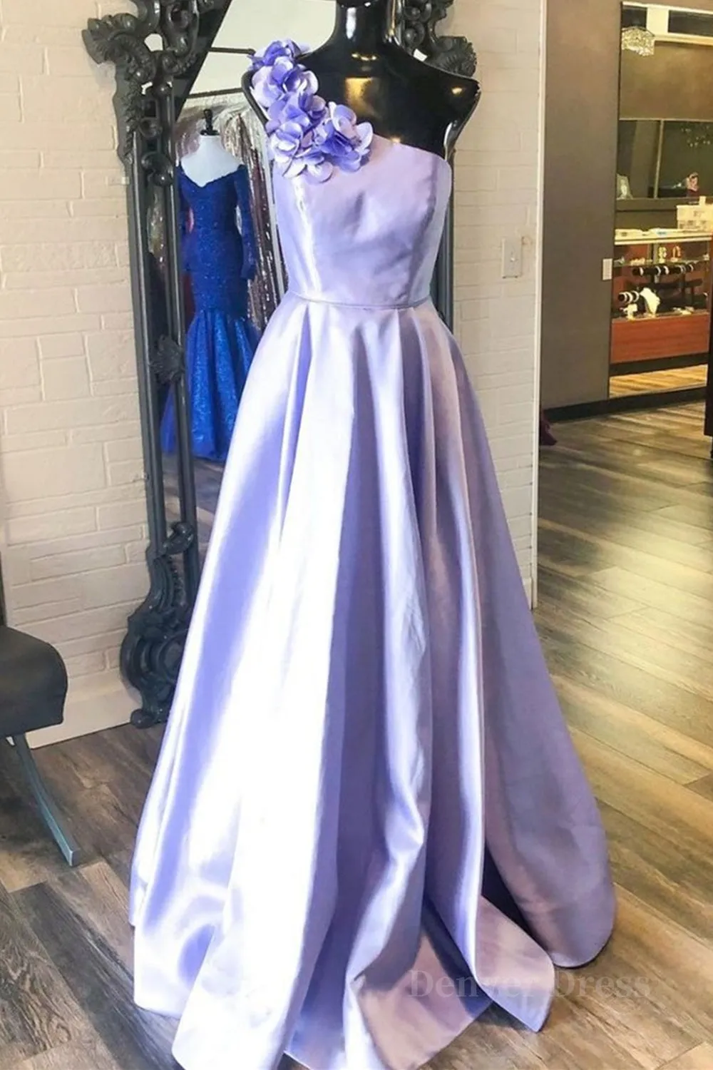 kamahe One Shoulder Purple Satin Long Prom Dresses with Flowers, Purple Formal Evening Dresses