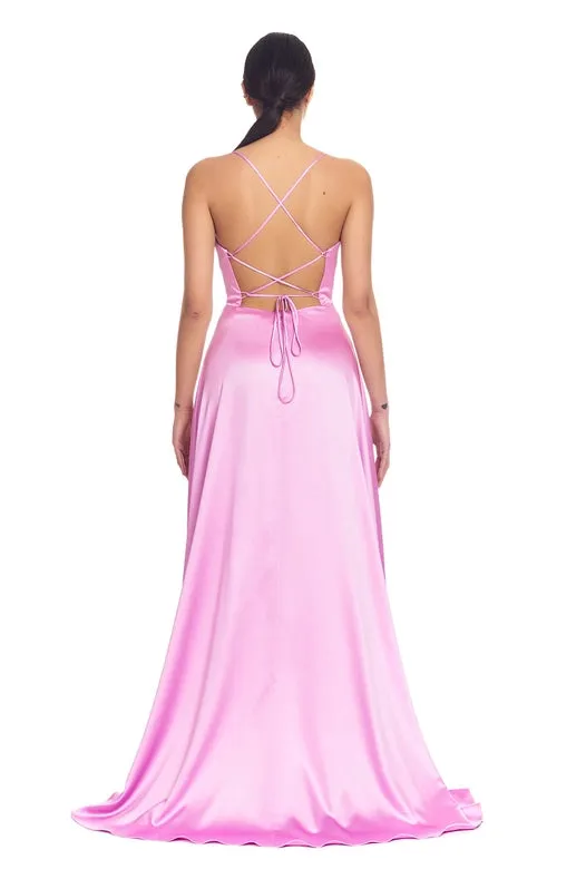 Long Satin Dress with Split Wisteria