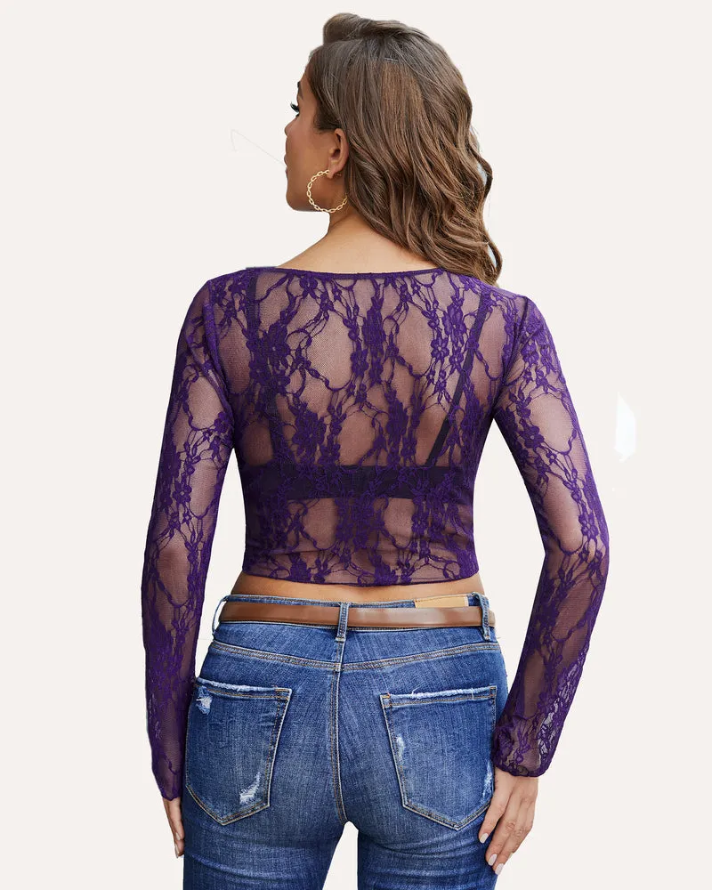 Long Sleeve Sheer Floral Lace Tops