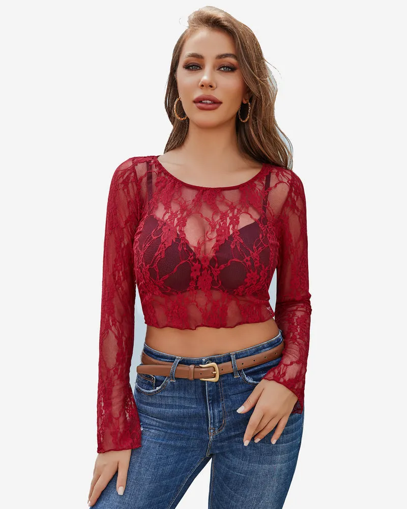 Long Sleeve Sheer Floral Lace Tops