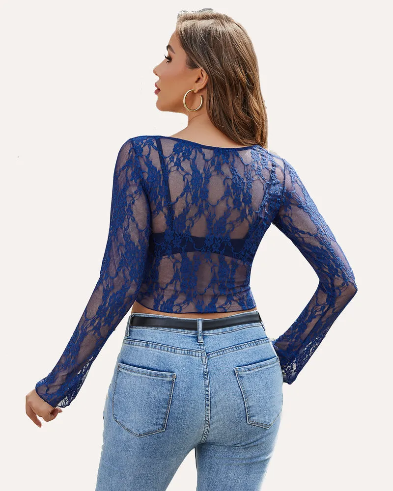 Long Sleeve Sheer Floral Lace Tops