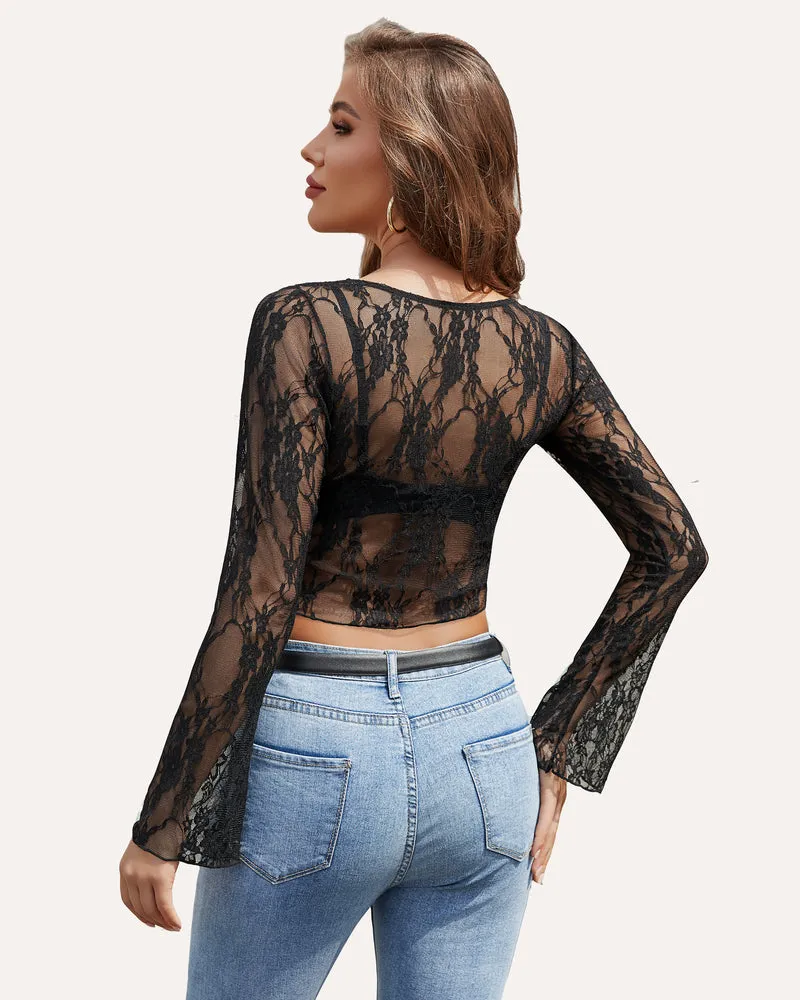 Long Sleeve Sheer Floral Lace Tops