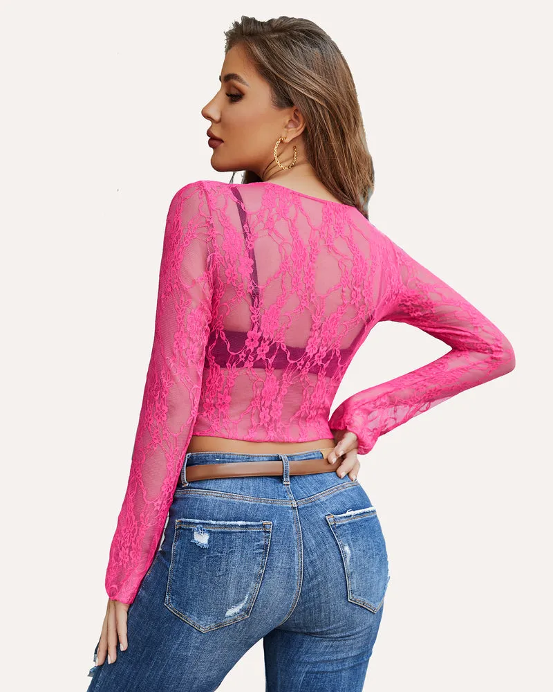 Long Sleeve Sheer Floral Lace Tops