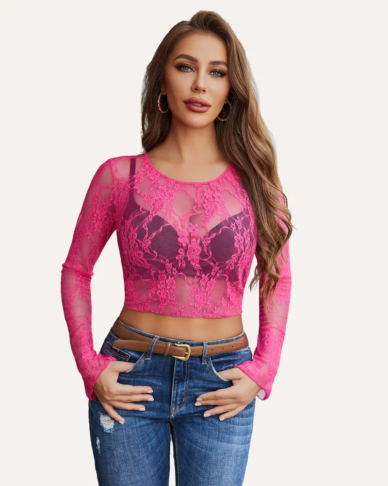 Long Sleeve Sheer Floral Lace Tops