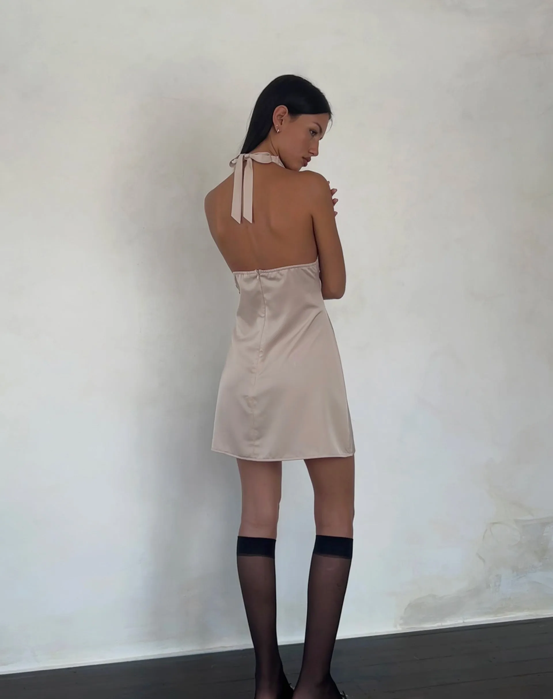 Maruko Halterneck Mini Dress in Satin Champagne