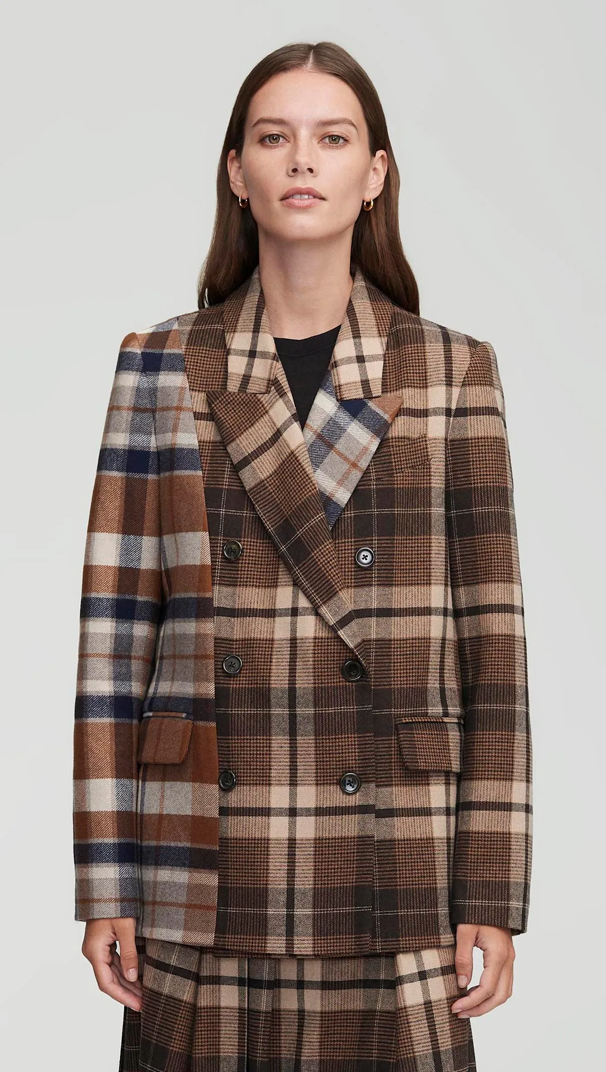 Patchwork Peak Lapel Blazer in Wool Plaid | Brown Plaid