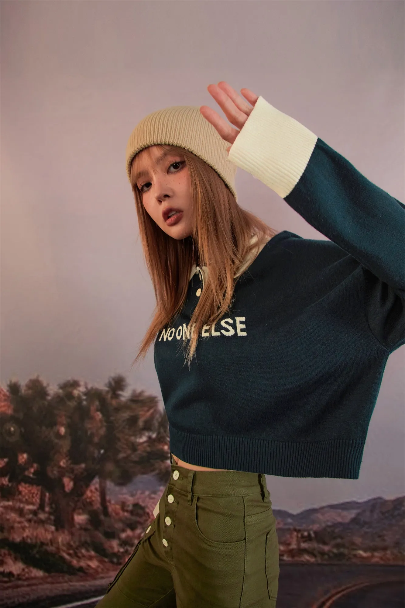 Polo Neck Cropped Knit Sweatshirt