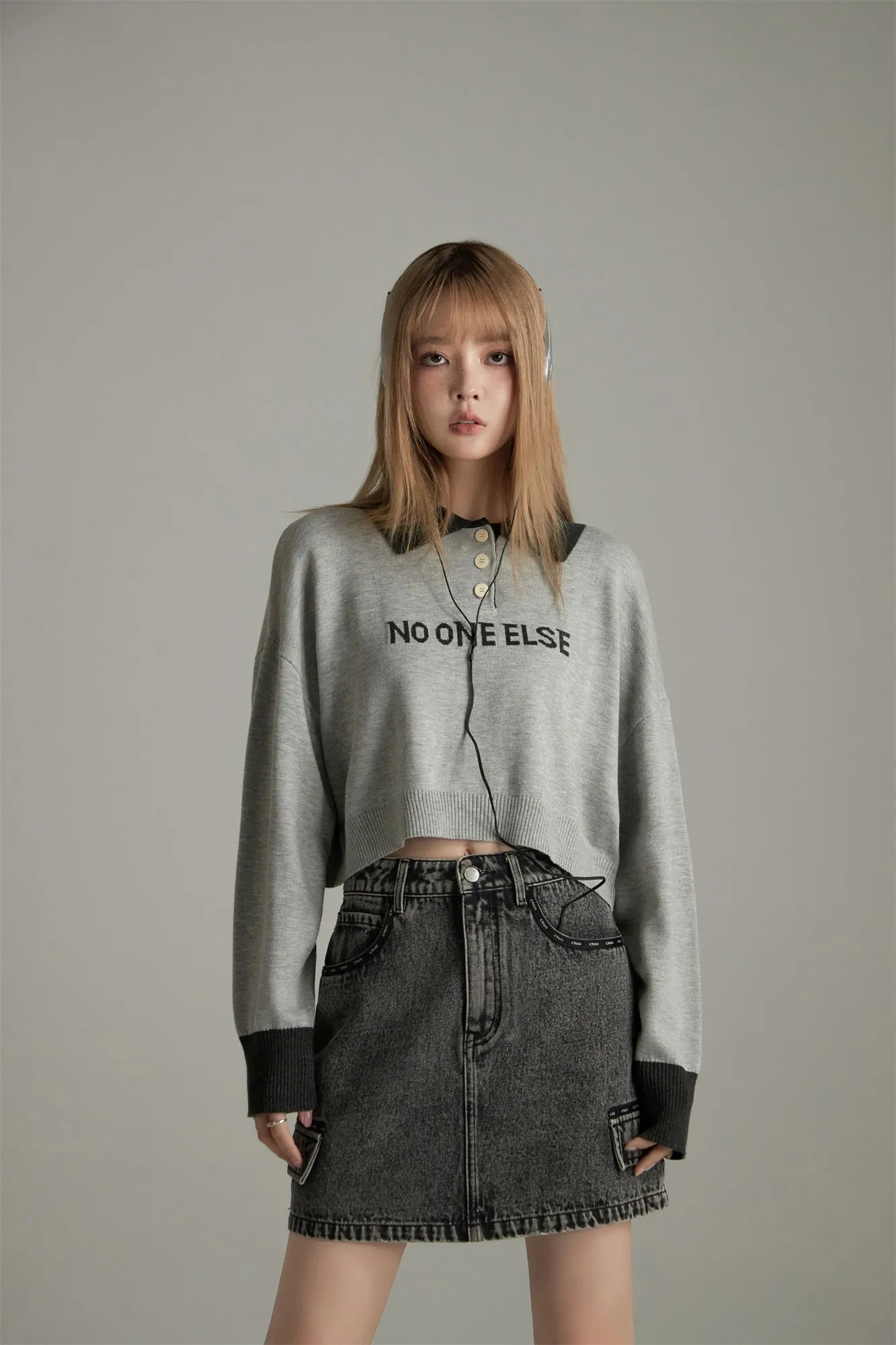 Polo Neck Cropped Knit Sweatshirt