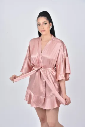 REBECCA Flared Kimono Peplum Sleeve Hem Bridesmaids Dressing Gown Robe - Blush Pink