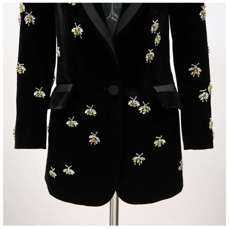 Runway Designer Single Button  Beading Velvet Blazer