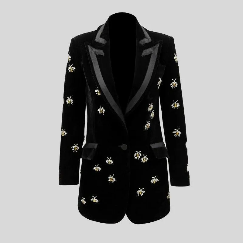 Runway Designer Single Button  Beading Velvet Blazer