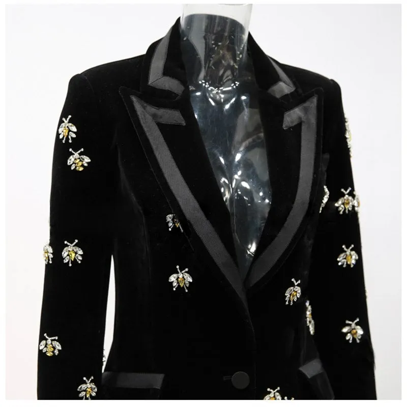 Runway Designer Single Button  Beading Velvet Blazer