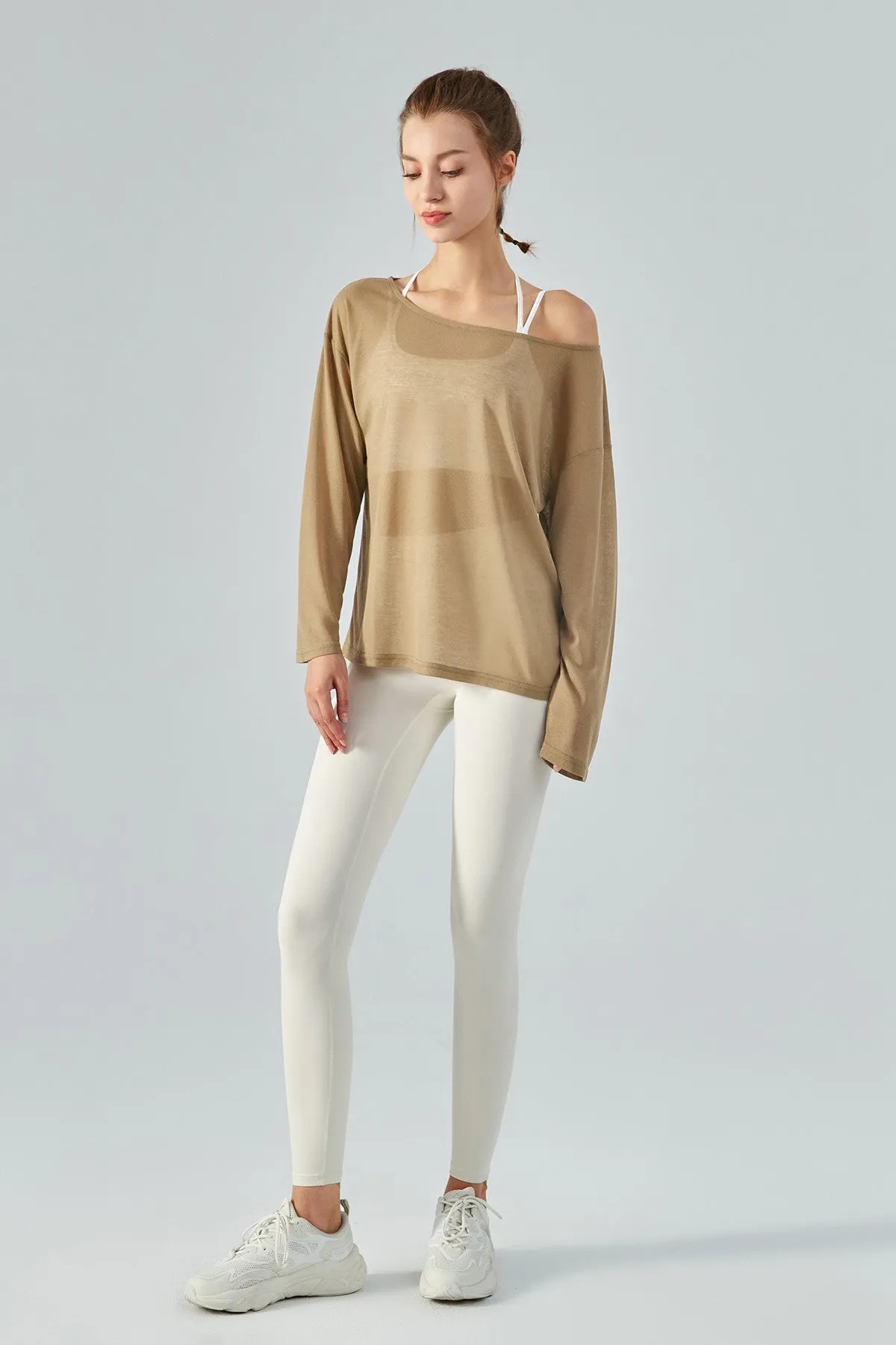 Sheer Mesh Boatneck Long Sleeve Tops