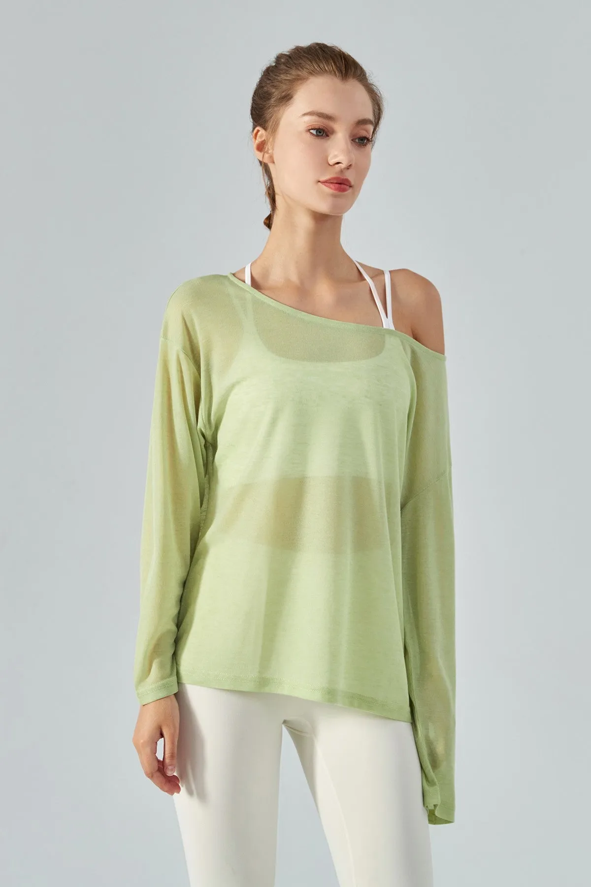 Sheer Mesh Boatneck Long Sleeve Tops