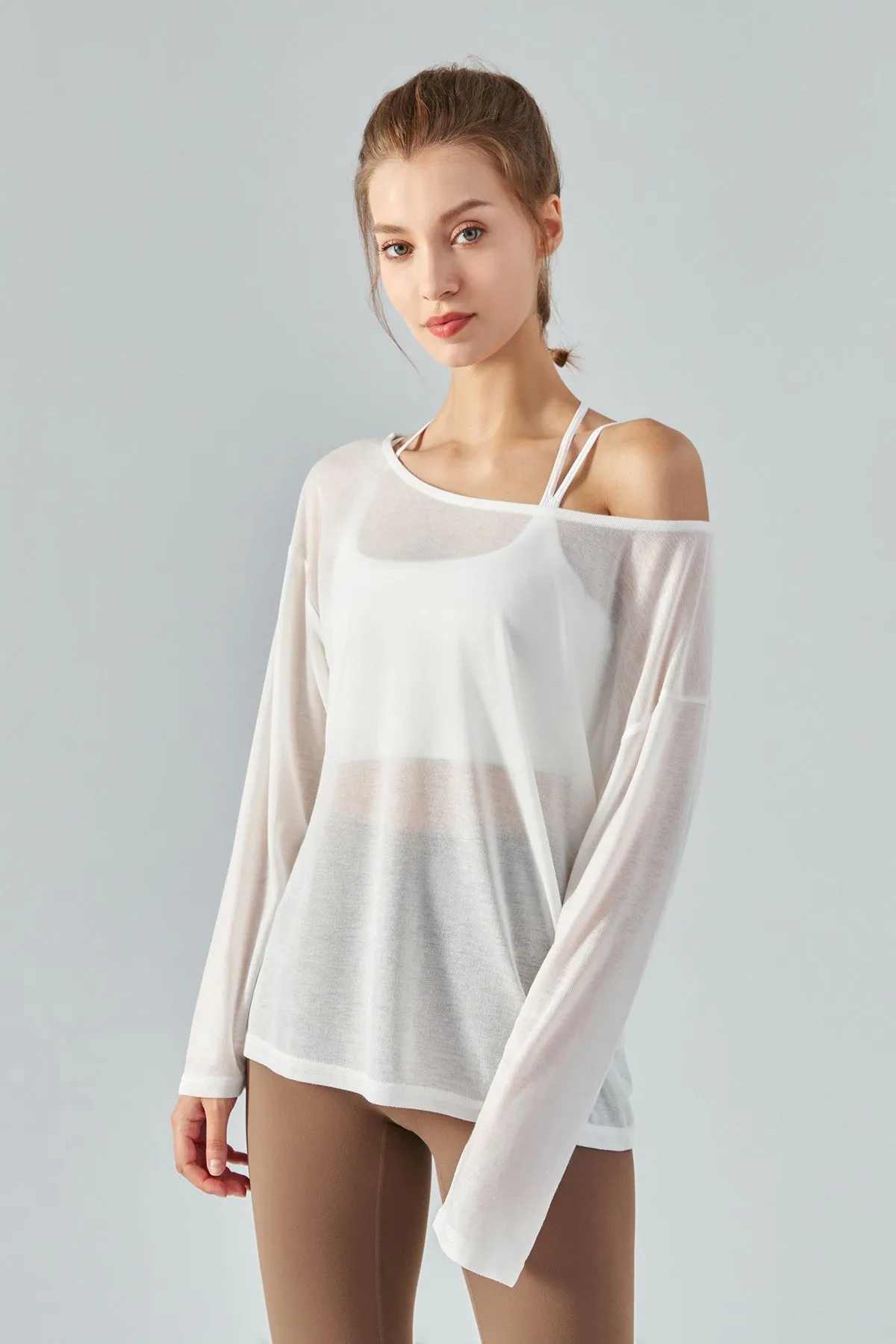 Sheer Mesh Boatneck Long Sleeve Tops