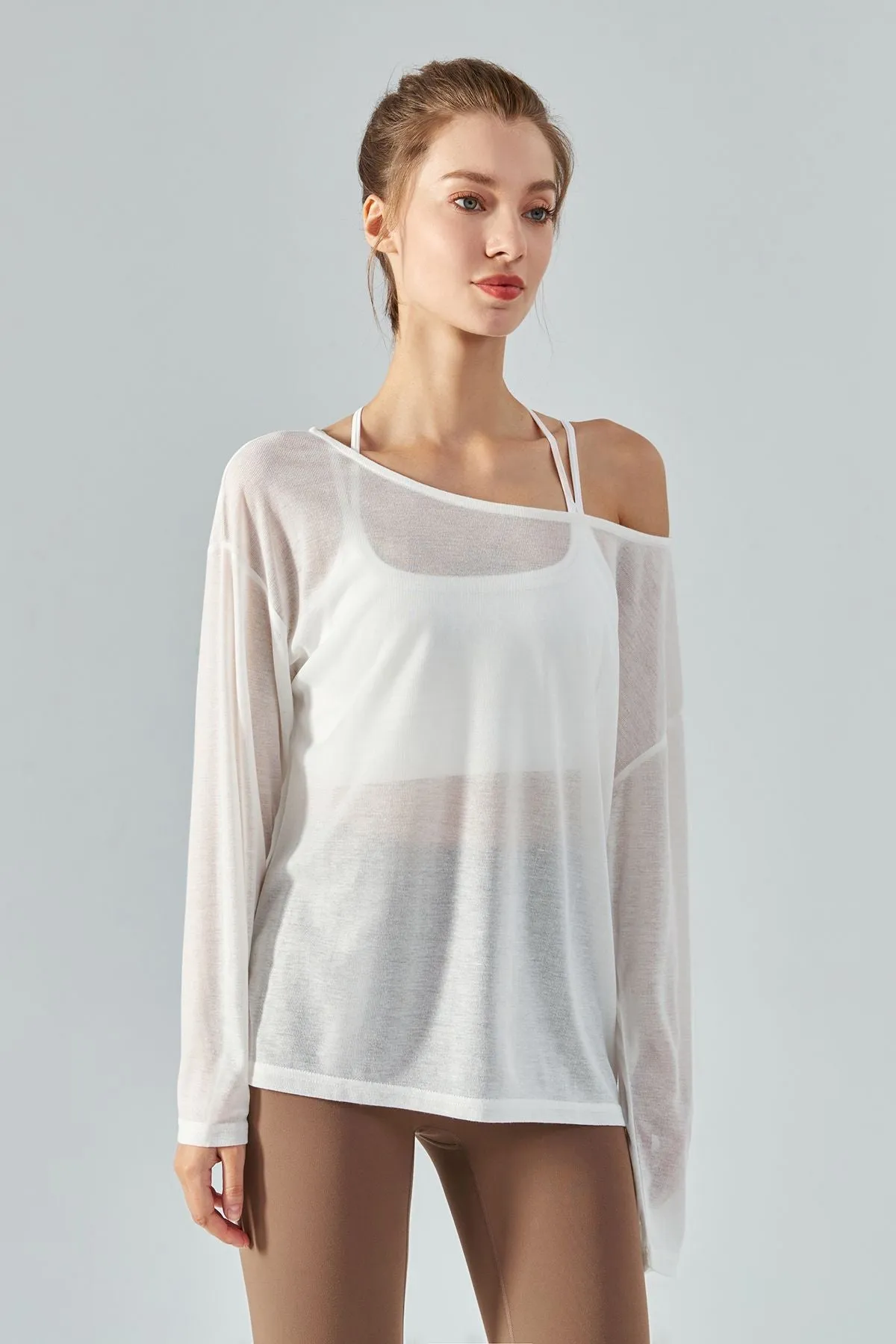 Sheer Mesh Boatneck Long Sleeve Tops