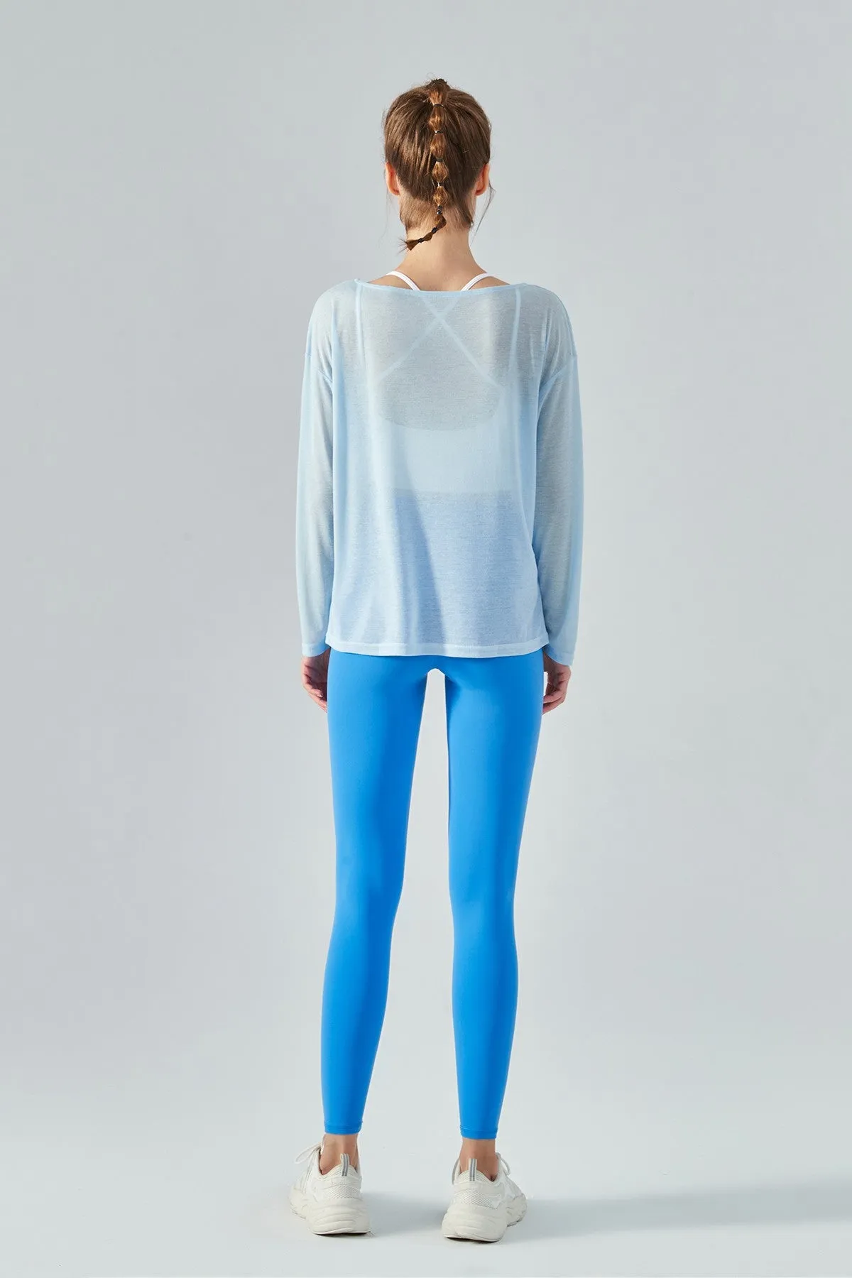 Sheer Mesh Boatneck Long Sleeve Tops