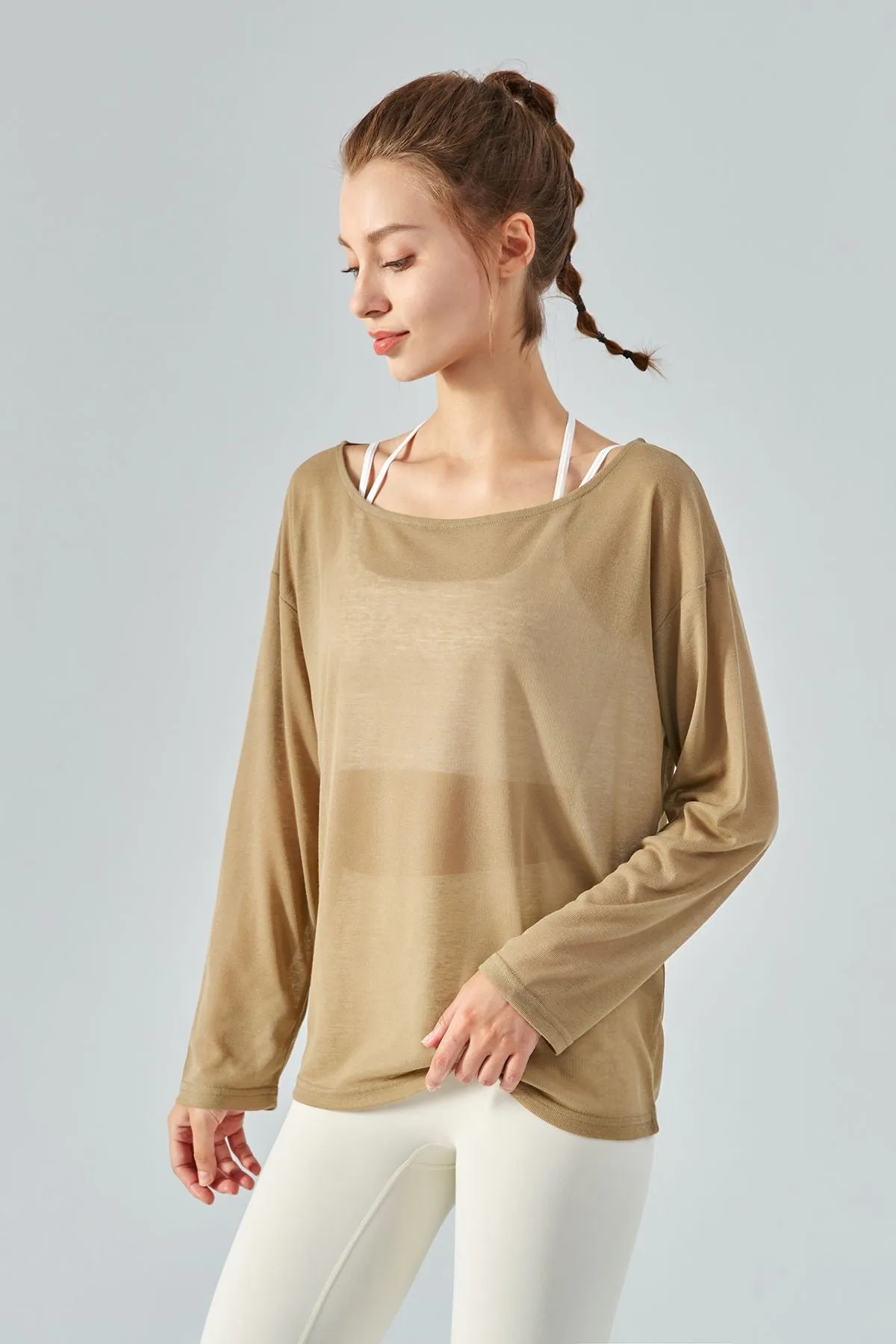 Sheer Mesh Boatneck Long Sleeve Tops