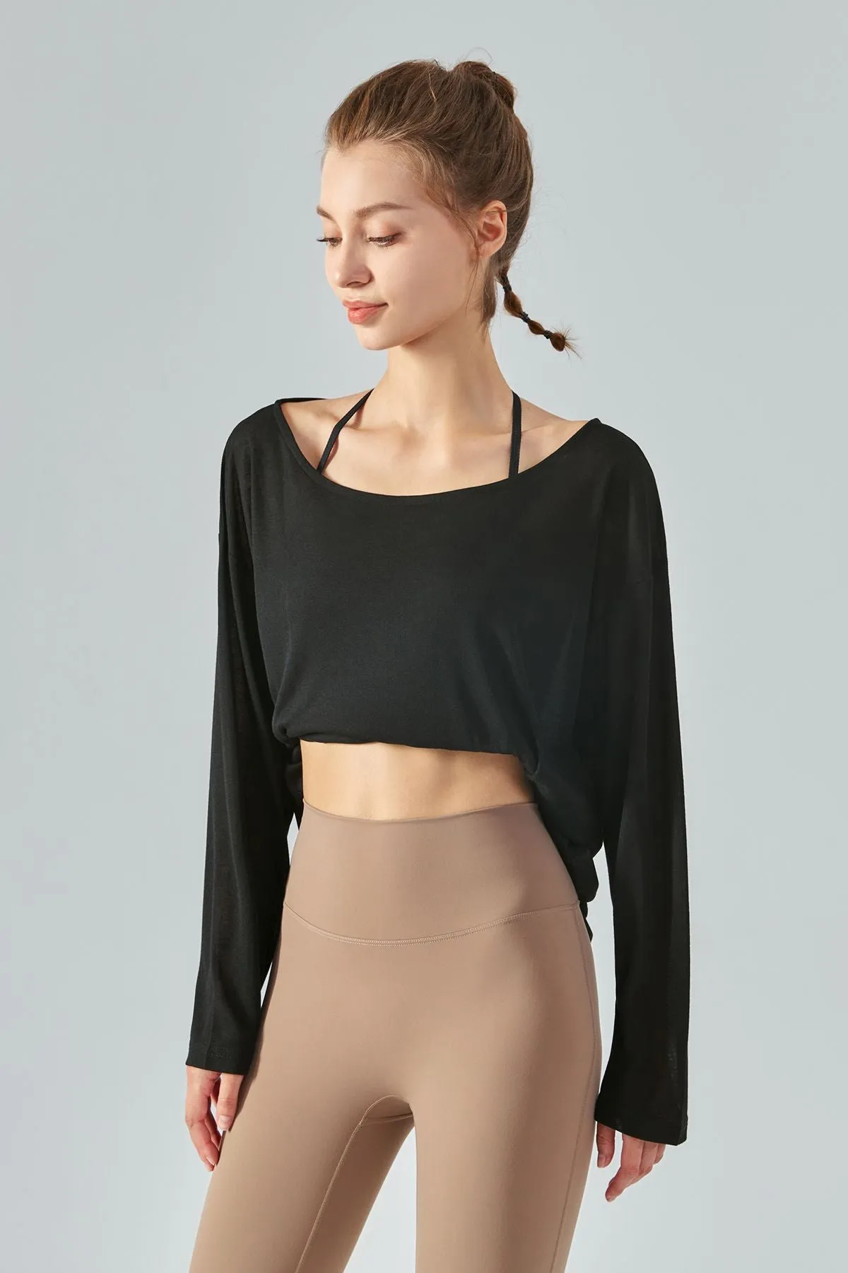 Sheer Mesh Boatneck Long Sleeve Tops