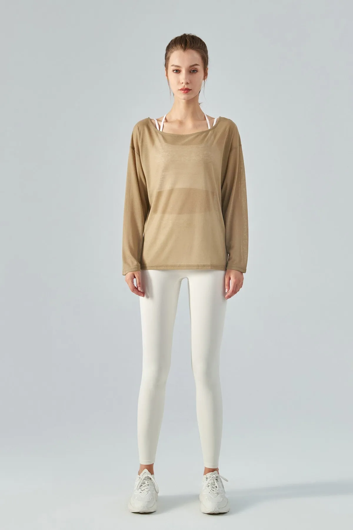 Sheer Mesh Boatneck Long Sleeve Tops