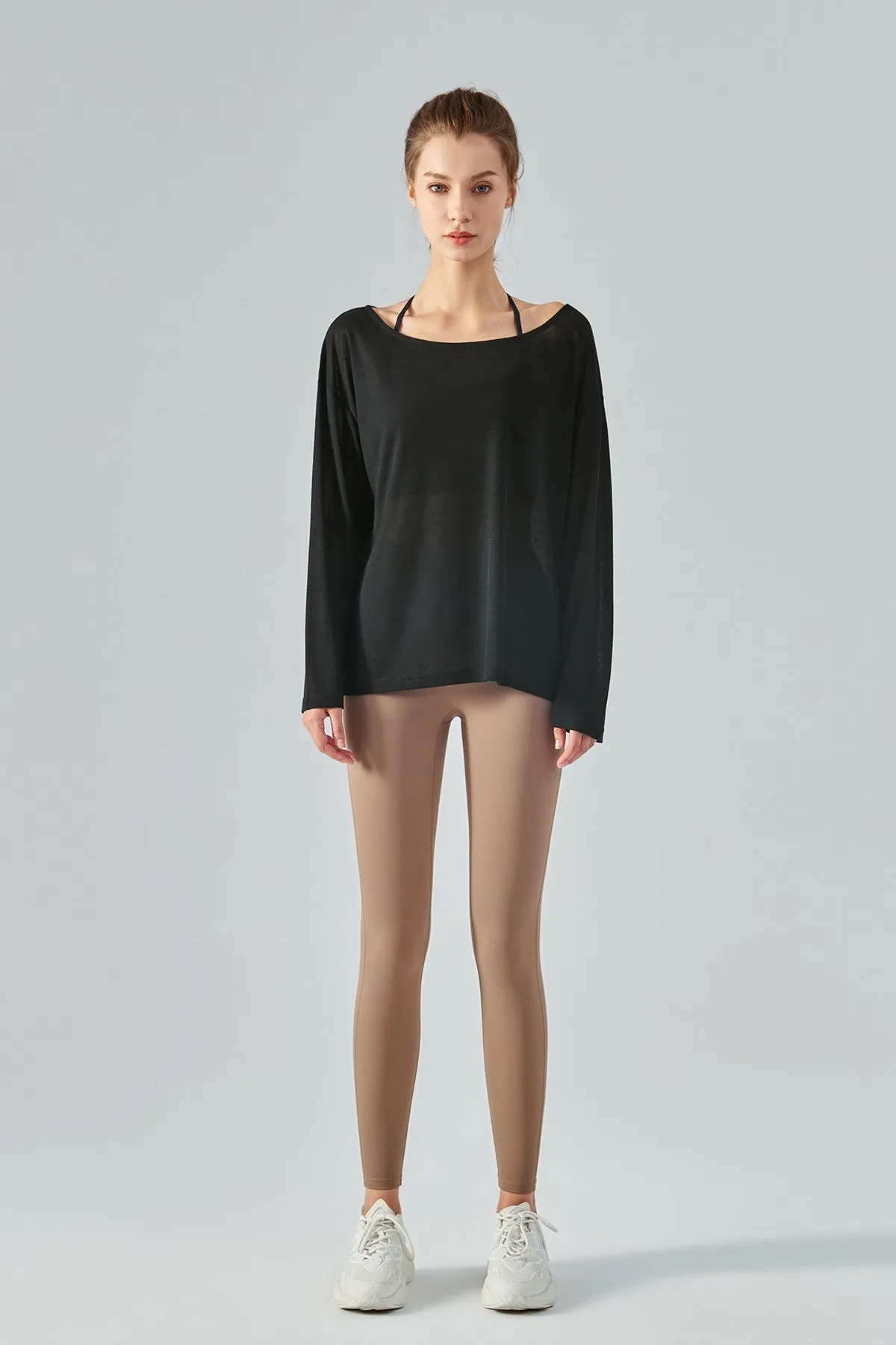 Sheer Mesh Boatneck Long Sleeve Tops