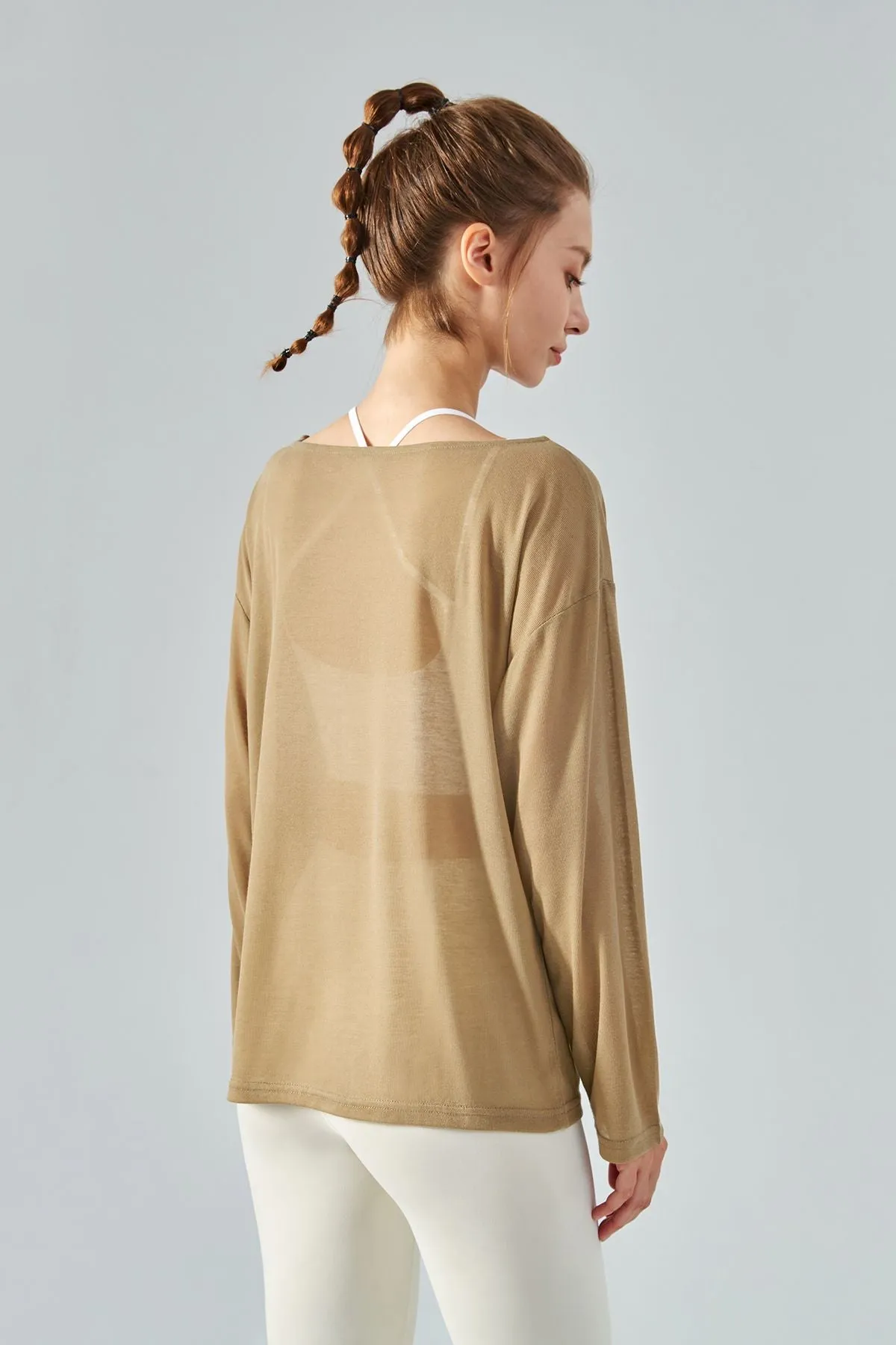 Sheer Mesh Boatneck Long Sleeve Tops