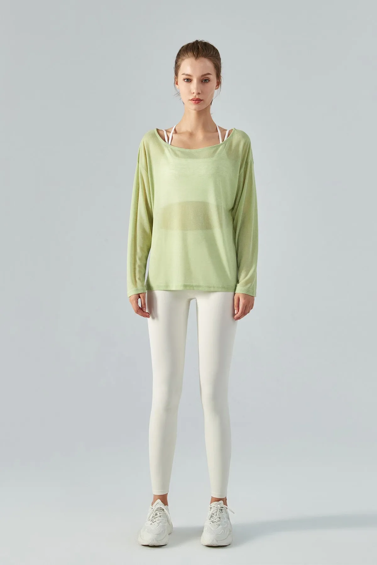 Sheer Mesh Boatneck Long Sleeve Tops