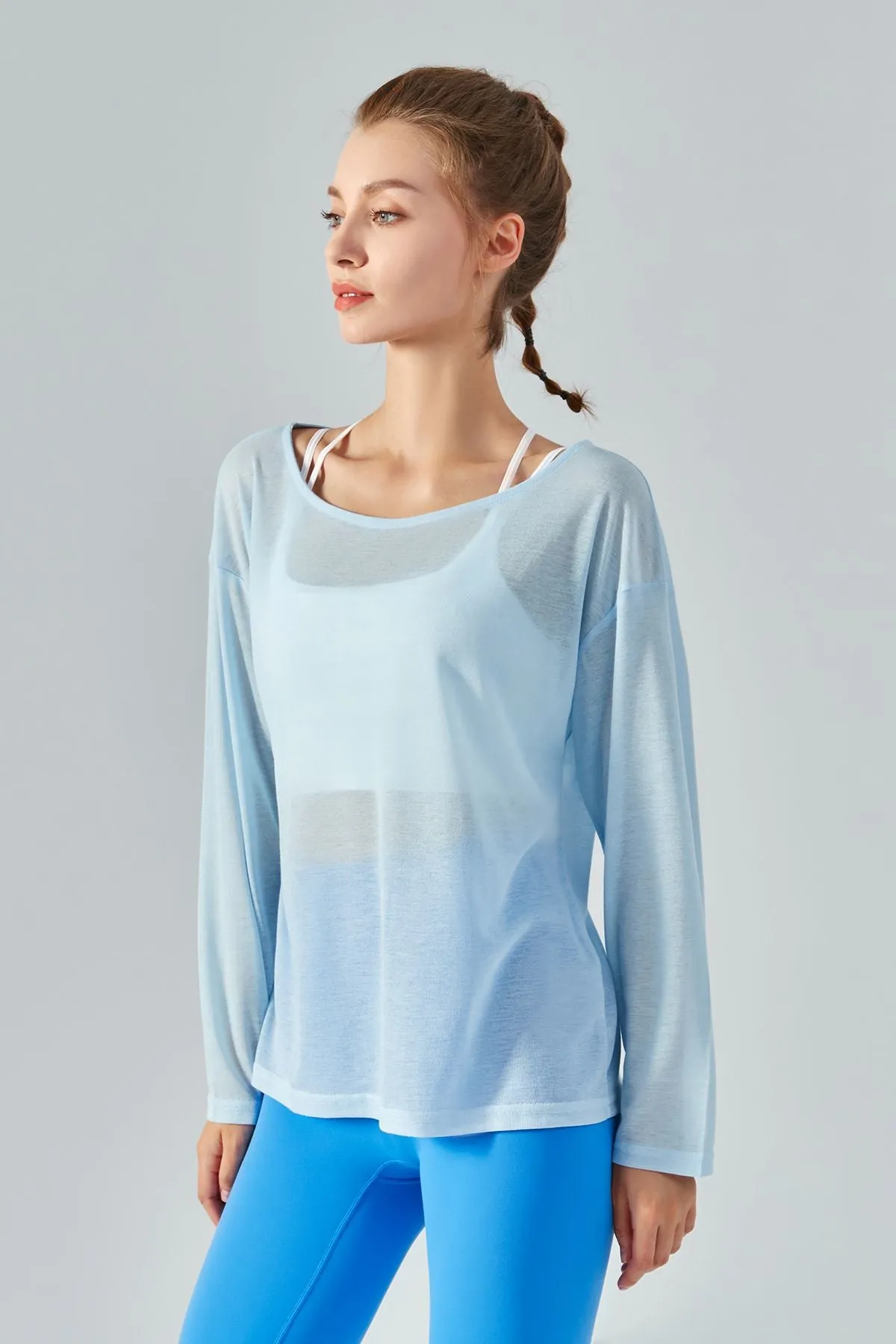 Sheer Mesh Boatneck Long Sleeve Tops