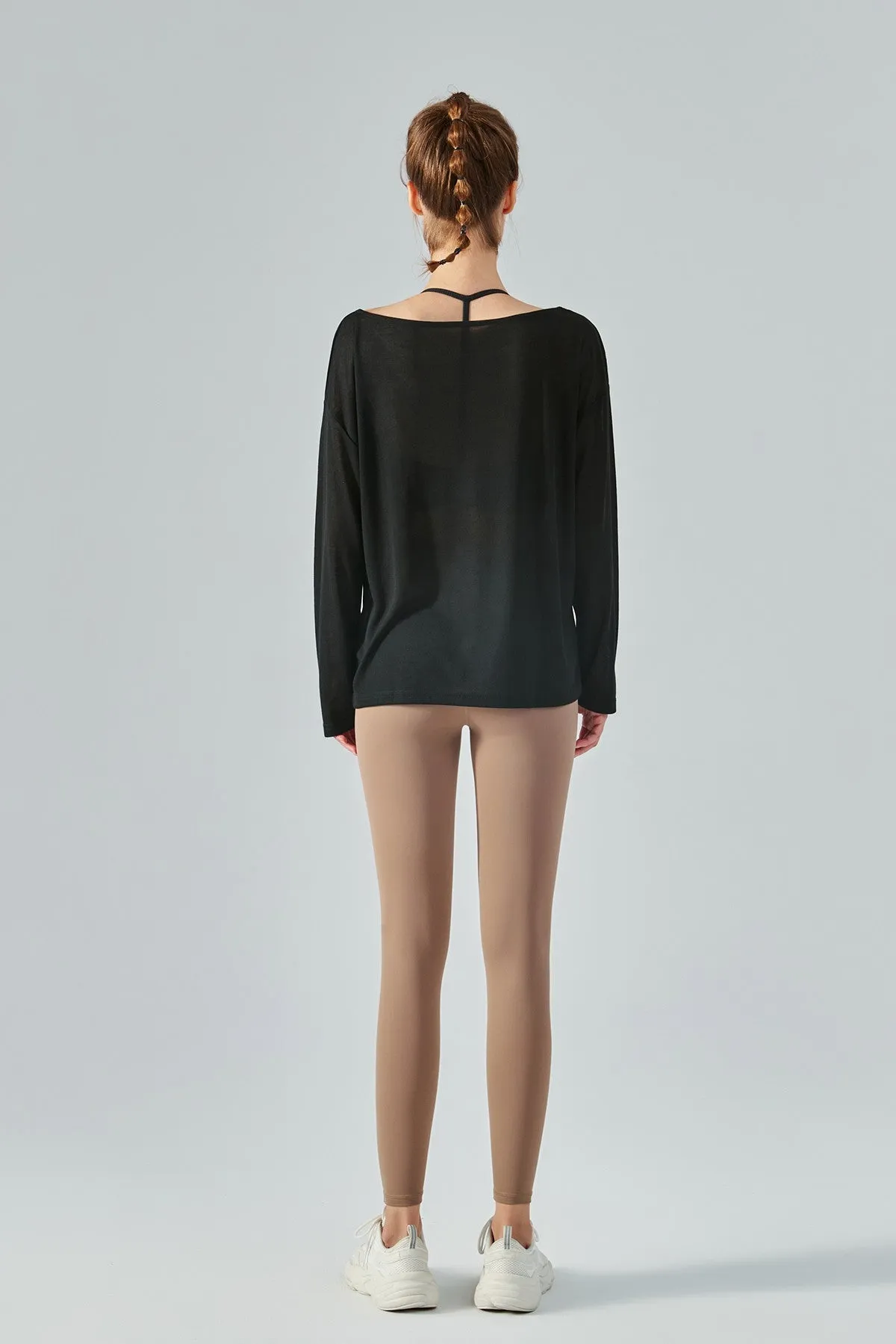 Sheer Mesh Boatneck Long Sleeve Tops