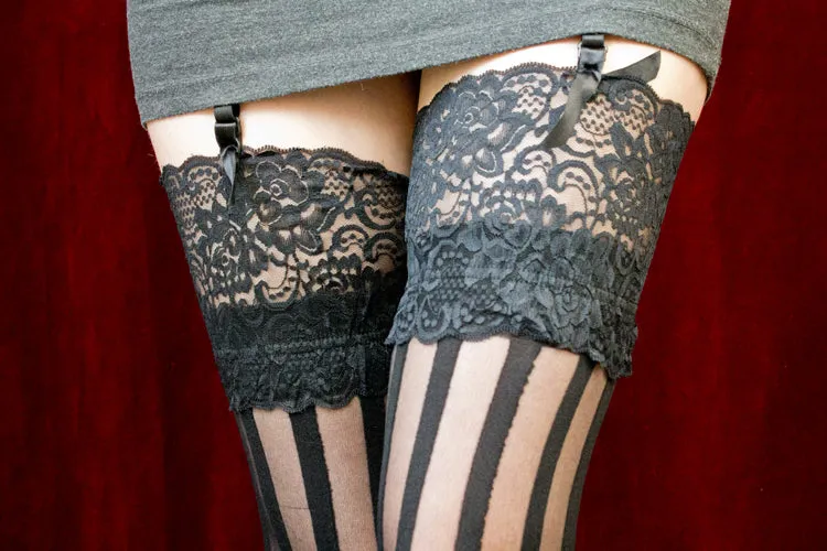 Sheer Vertical Striped Stockings with Lace