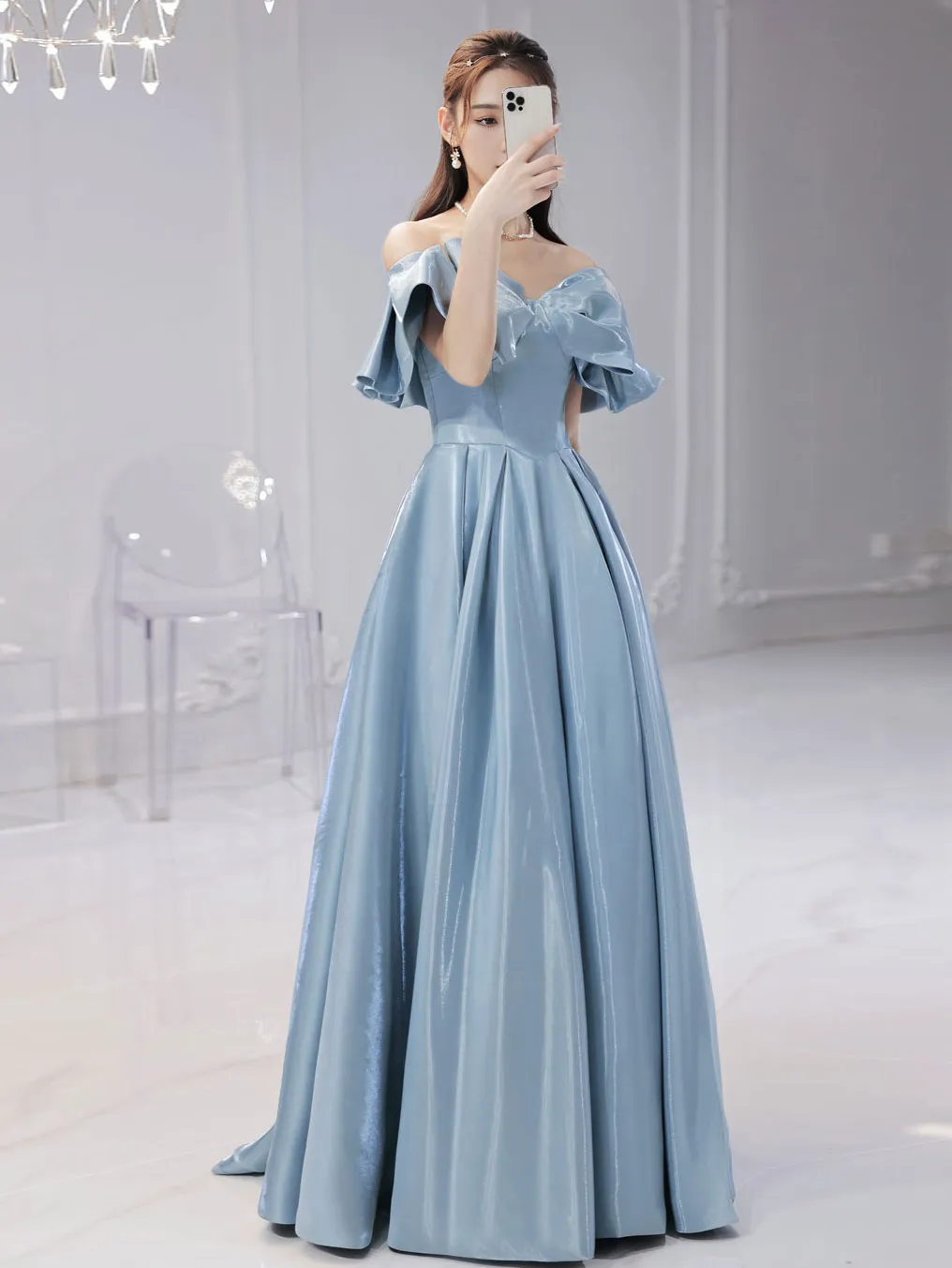 Simple Blue Satin Long Prom Dress, Blue Formal Graduation Dresses