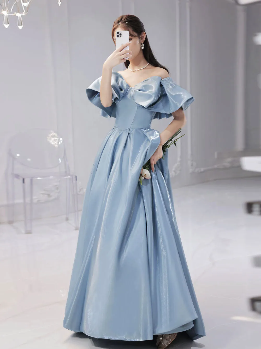 Simple Blue Satin Long Prom Dress, Blue Formal Graduation Dresses