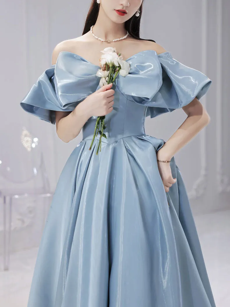 Simple Blue Satin Long Prom Dress, Blue Formal Graduation Dresses