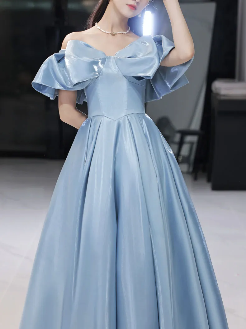 Simple Blue Satin Long Prom Dress, Blue Formal Graduation Dresses