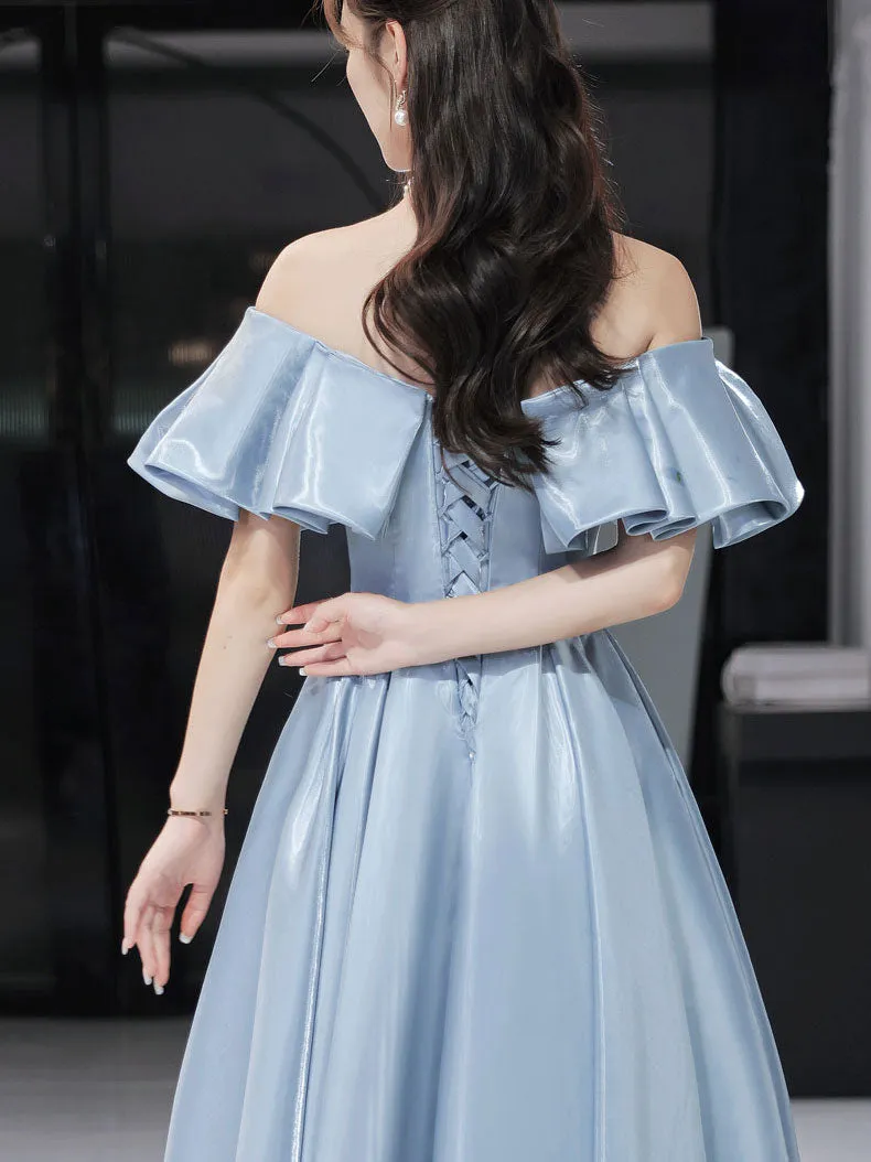 Simple Blue Satin Long Prom Dress, Blue Formal Graduation Dresses